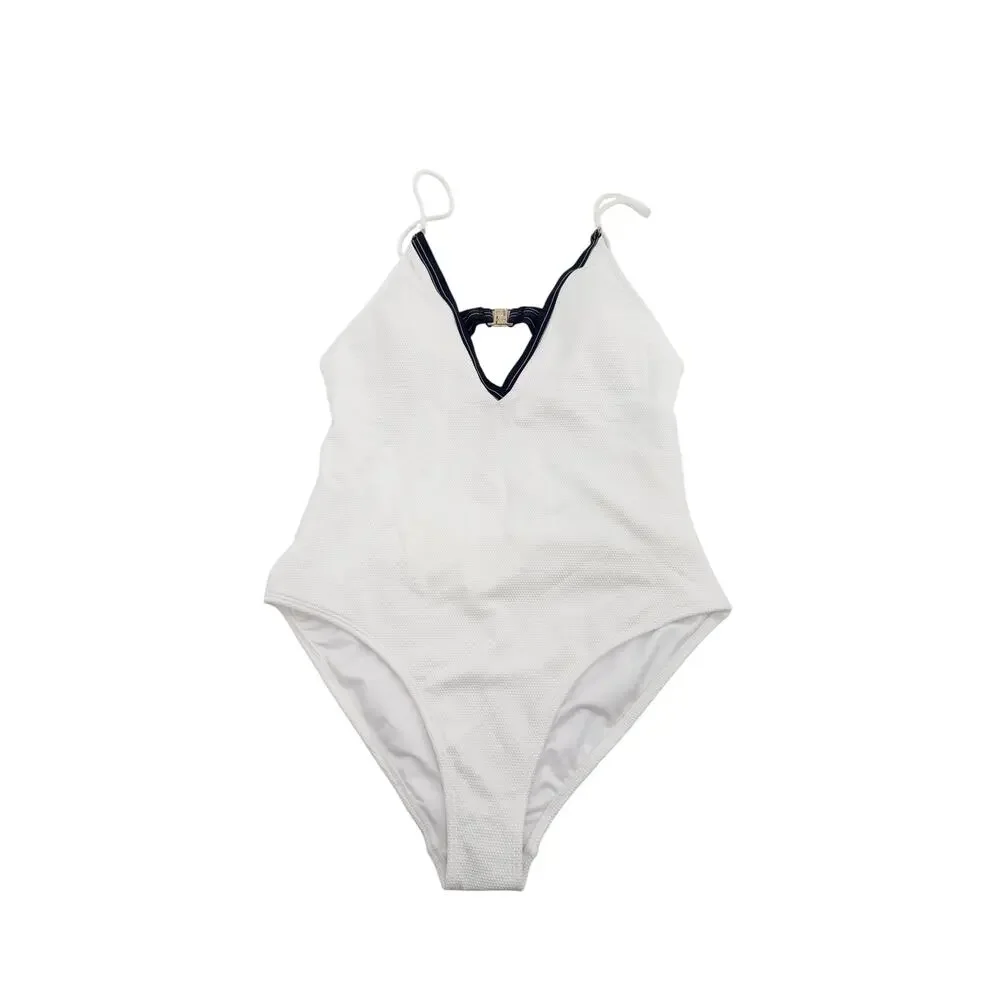 REISS Effie Tipped V-Neck Swimsuit Size 6 NEW White Navy Blue Bathing Suit Swim